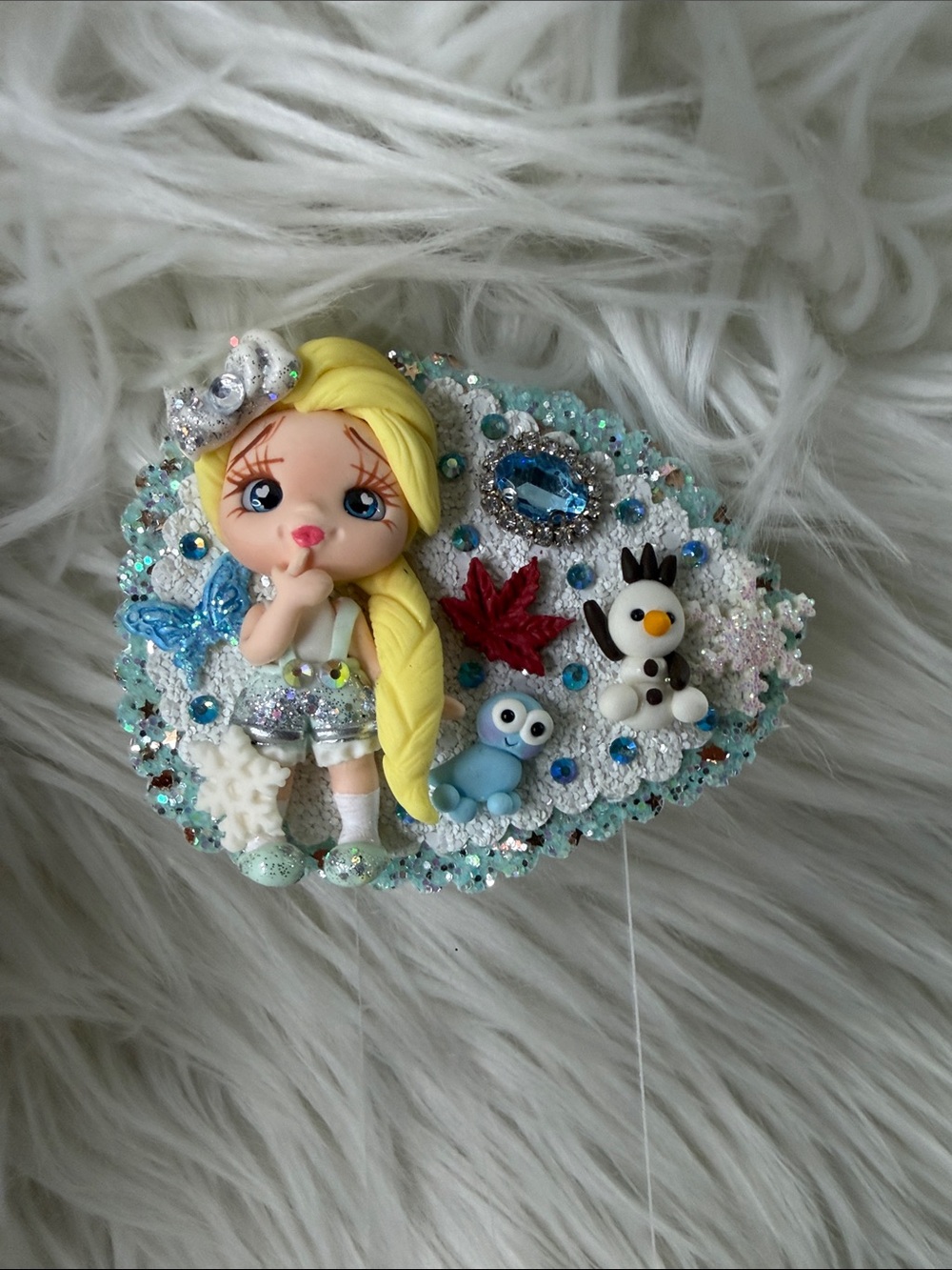 Frozen Elsa Handmade Glittery Blonde Doll Hair Clip with Blue Accents